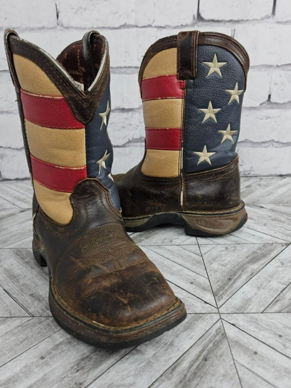 Durango Kids 13.5 Western Boots 8" shaft Brown USA Flag Design July 4th Patriot